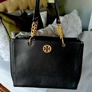 Tory Birch leather shoulder bag, black like new condition.